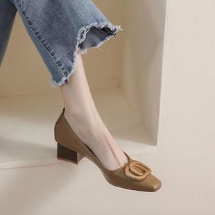 女粗跟 韩式 方头高跟鞋 女年春秋职业工作鞋 气质仙女风单鞋
