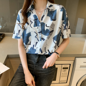 RM20277#洋气休闲夏季女装沙滩翻领短袖雪纺衫上衣开衫衬衫打底港风