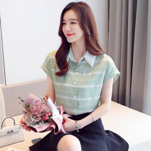 RM20271#洋气雪纺衫衬衫女夏装新款撞色领短袖打底衫小衫大格上衣