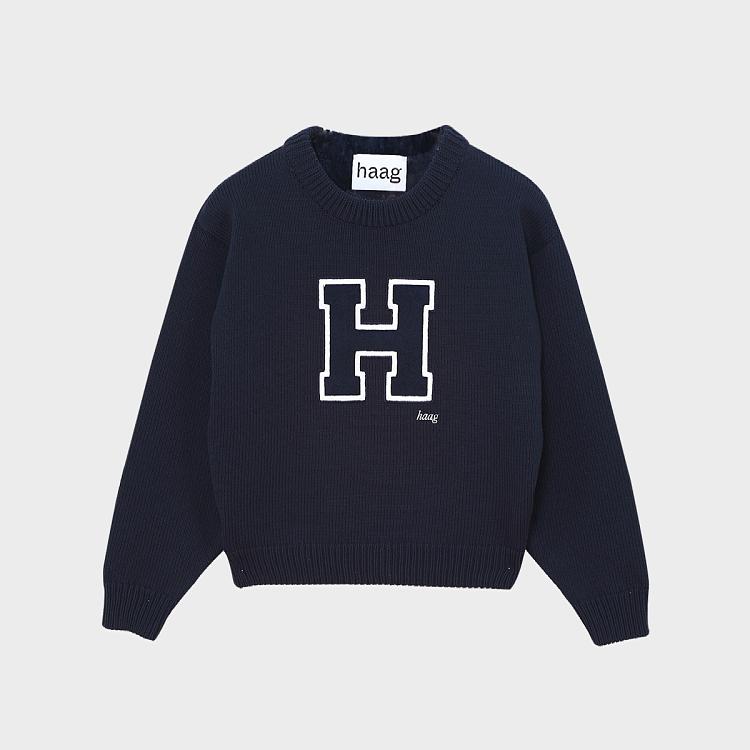 haag韩版圆领休闲logo刺绣毛衣