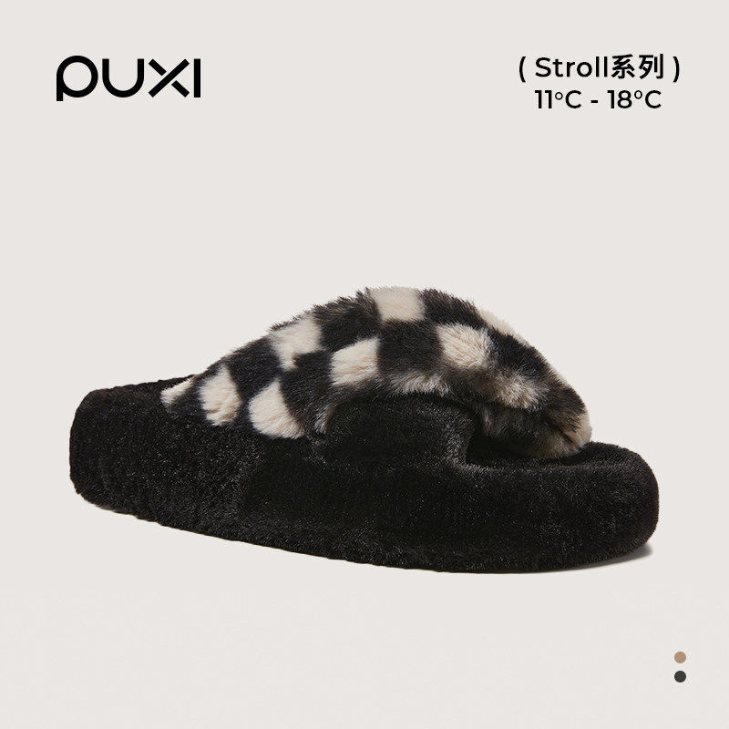 朴西无序厚底毛毛拖鞋女交叉带室内家居高级感秋冬可外穿毛绒拖鞋