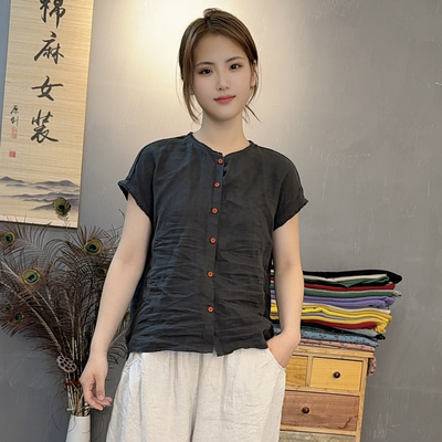 无袖上衣爆款2025新款砂洗亚麻坎肩衬衫女宽松舒适休闲无袖