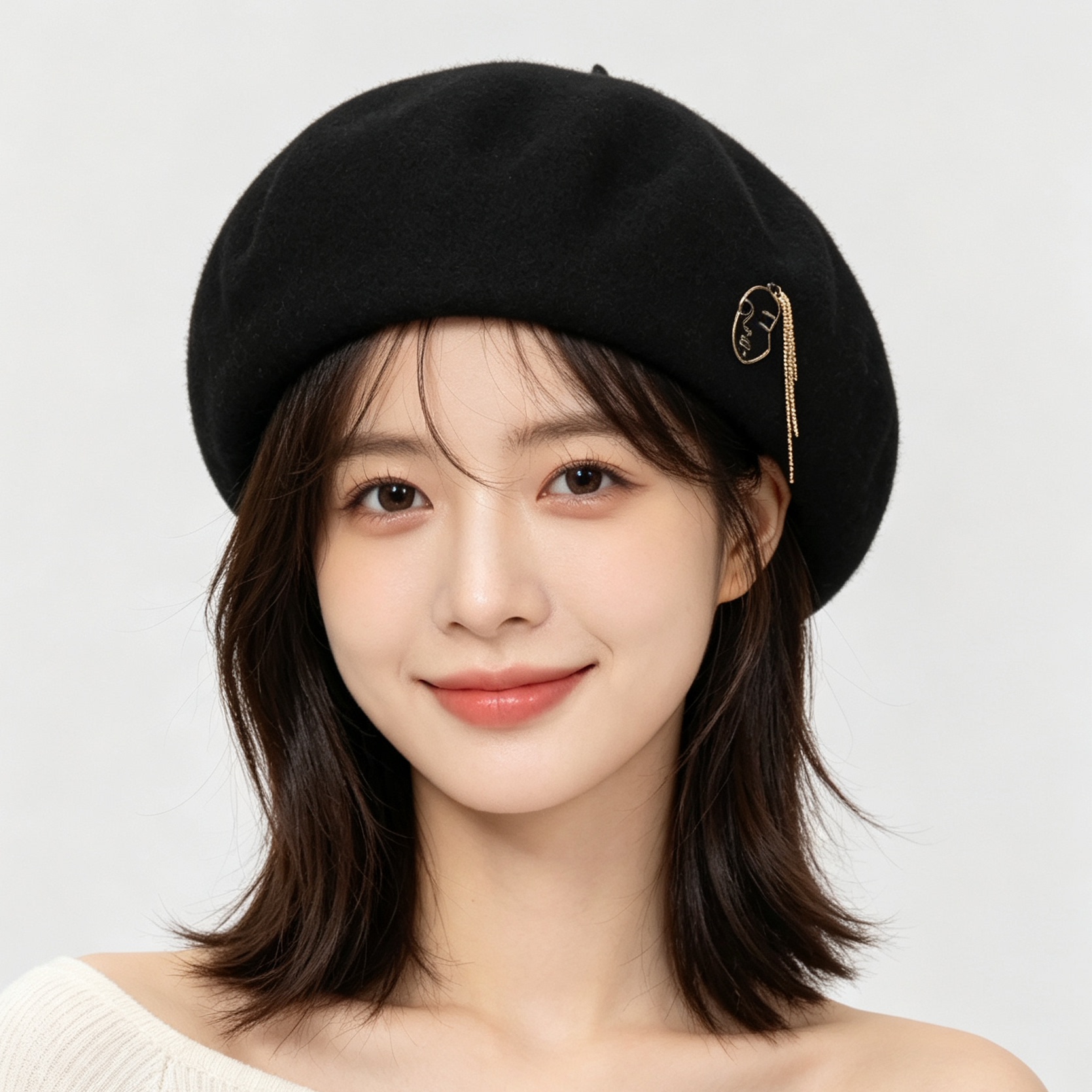 秋冬女艺术气息画家帽潮帽金色头像带钻链装饰黑色休闲风格帽子