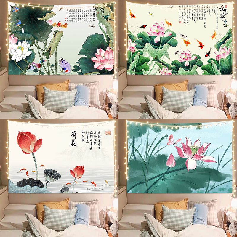 复古风水墨画背景布荷花国画墙壁挂布海报禅意图案超大房间装饰图片