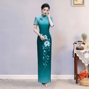 高端走秀演出旗袍2025新款 高弹印花复古舞台表演出服 复古改良长款