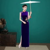 丝绒走秀演出服旗袍裙 复古气质优雅长款 2026秋冬新款 形体礼仪中式