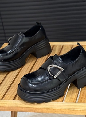小个子厚底乐福鞋女20226年春季新款6cm增高小皮鞋魔术贴黑色单鞋
