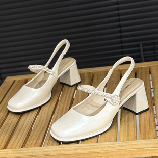 女2026夏季 珍珠水钻玛丽珍鞋 新款 6cm粗跟法式 时尚 仙女风包头凉鞋