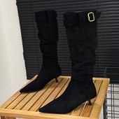 尖头平口高筒骑士靴女2025年秋冬新款 套筒不过膝长筒靴细跟时装 靴