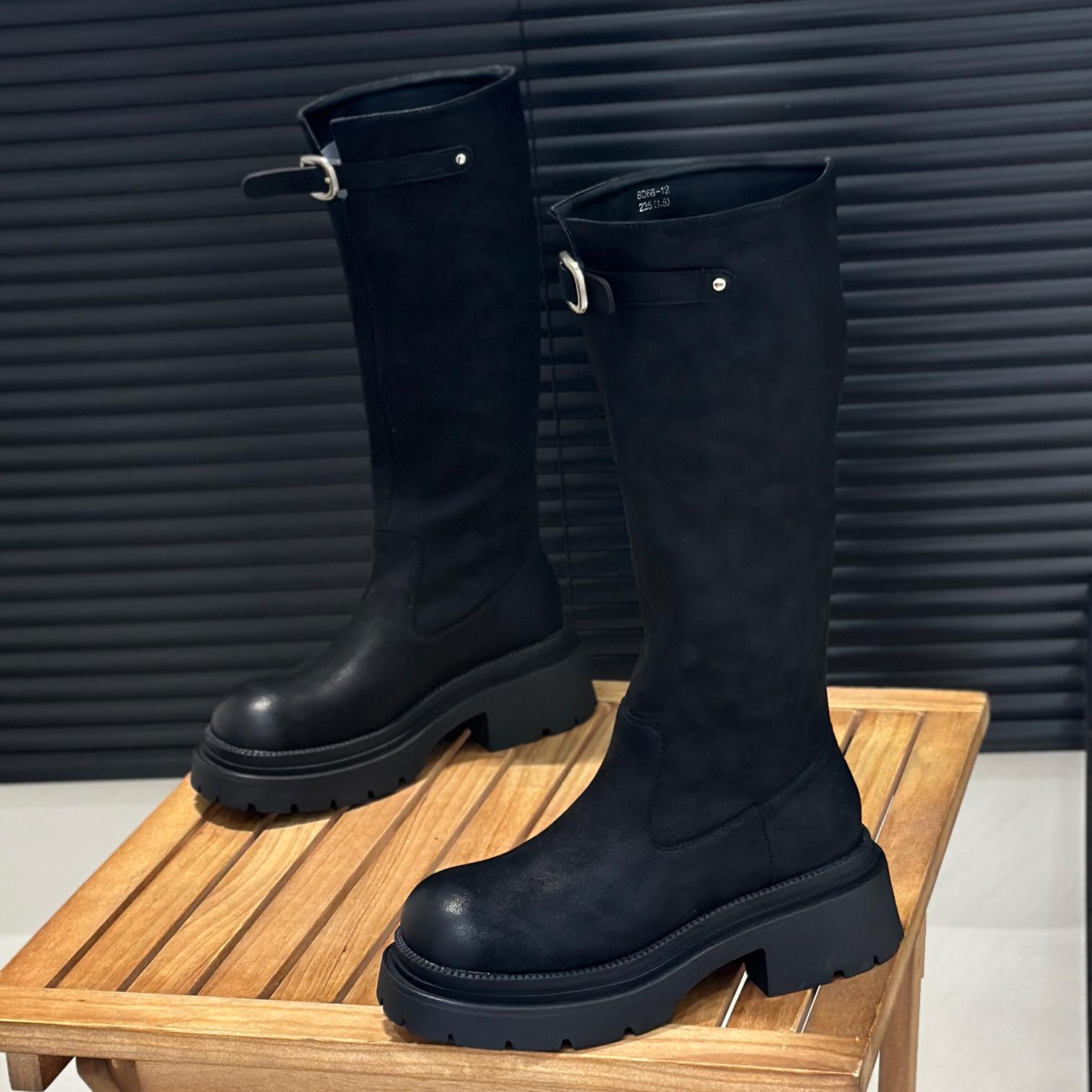 绒面长筒靴女不过膝高筒骑士靴