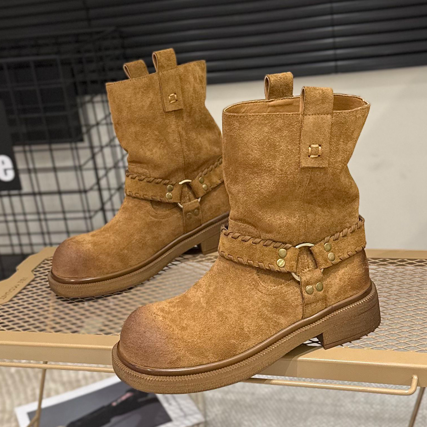 复古粗跟西部牛仔靴女套筒马丁靴