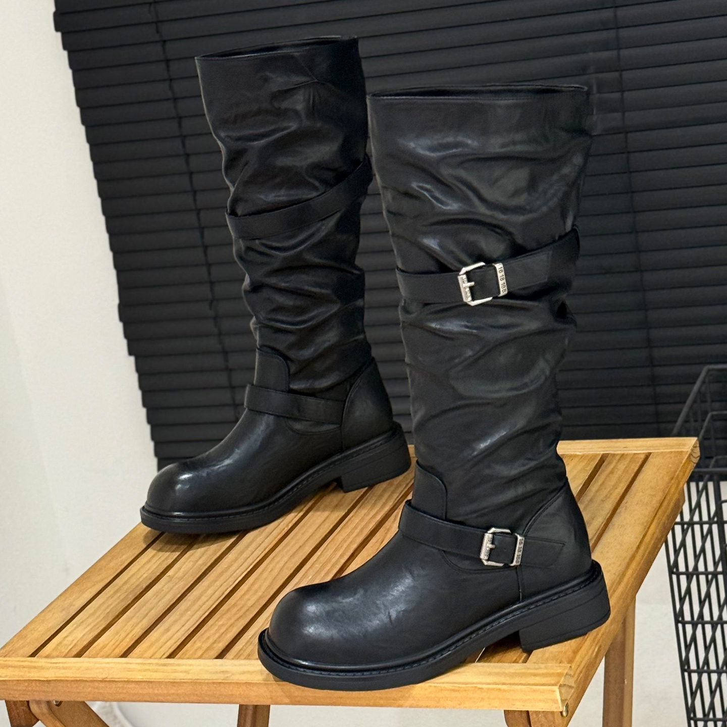 粗跟套筒西部靴女冬季加绒骑士靴