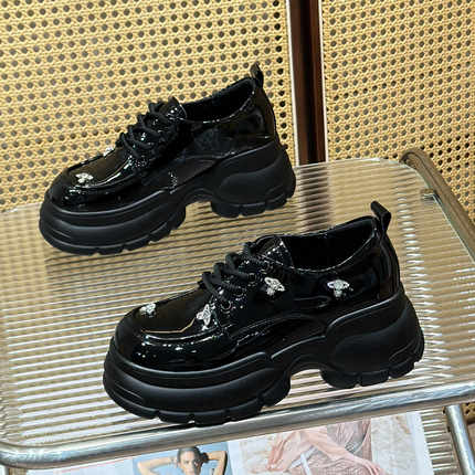 时尚厚底乐福鞋女鞋新款秋冬增高7cm水钻小皮鞋显瘦休闲系带单鞋