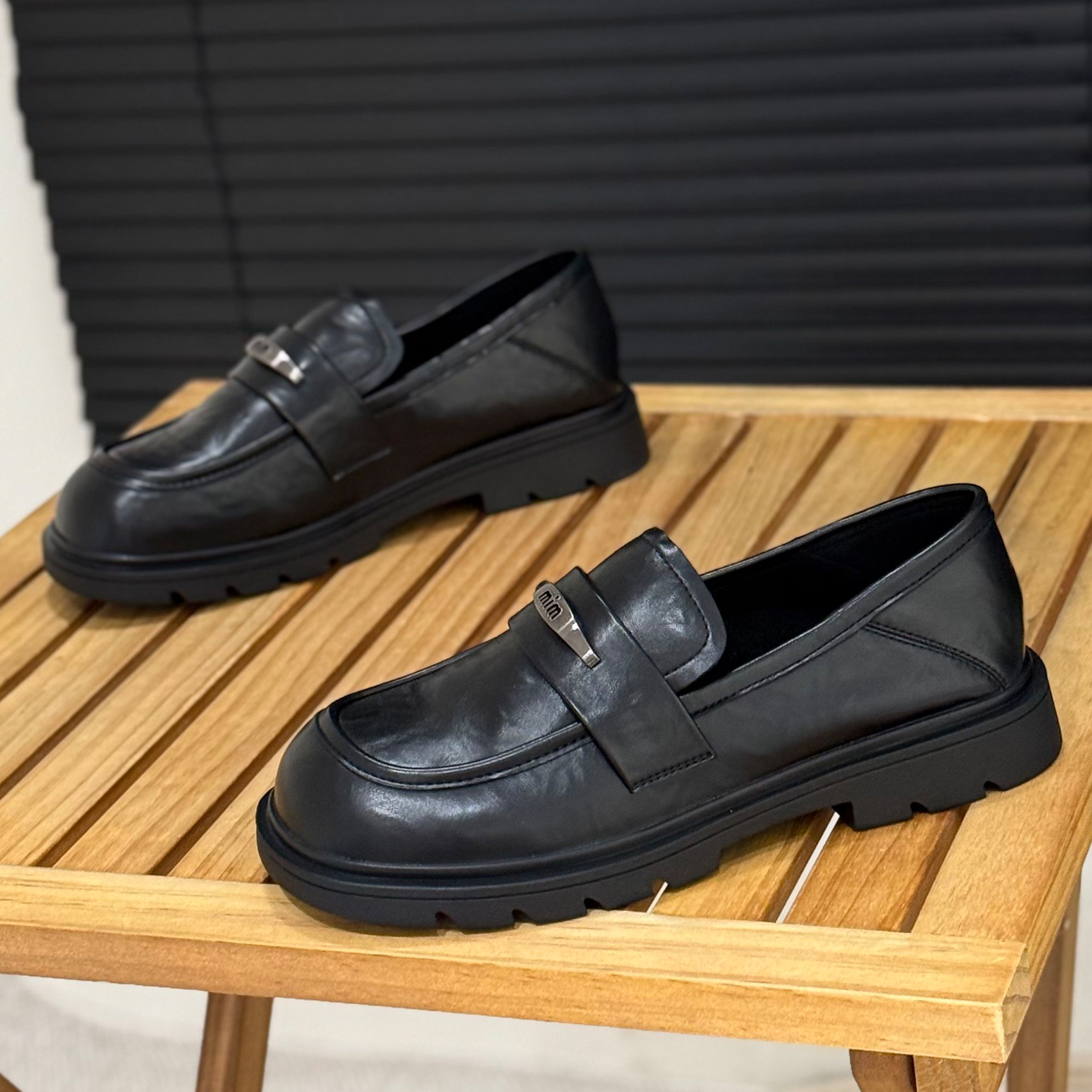 两穿粗跟乐福鞋女一脚蹬黑色单鞋