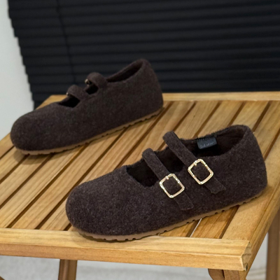 绒面双扣带玛丽珍鞋平底浅口单鞋