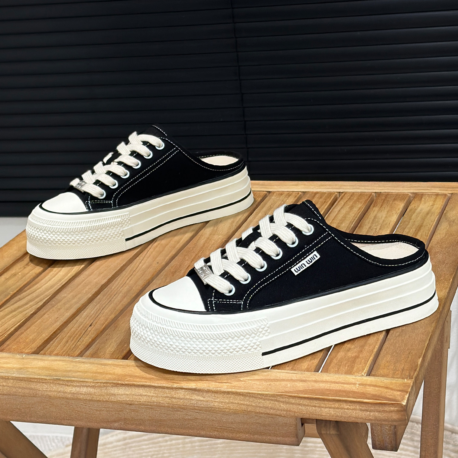 帆布包头半拖鞋女夏外穿2025新款厚底一脚蹬无后跟帆布鞋懒人凉拖