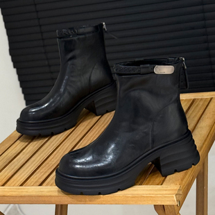 秋冬小个子粗跟马丁靴女2025爆款6cm增高短靴米色显腿长瘦瘦靴子