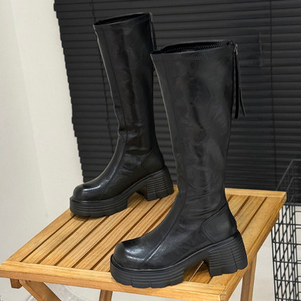平口不过膝长筒靴女2025年秋季新款机车靴7cm增高高筒骑士靴长靴