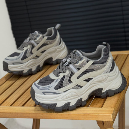 7cm增高厚底老爹鞋女2025年新款秋季水钻网面防滑显脚小休闲网鞋