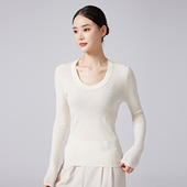 独特漂亮 纯羊毛上衣 60支18针针织衫 白色U领小衫 坑条超显瘦长袖