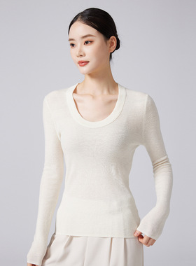 独特漂亮的白色U领小衫坑条超显瘦长袖60支18针针织衫纯羊毛上衣