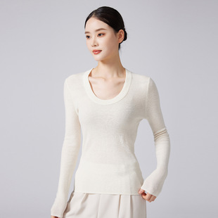 独特漂亮的白色U领小衫坑条超显瘦长袖60支18针针织衫纯羊毛上衣