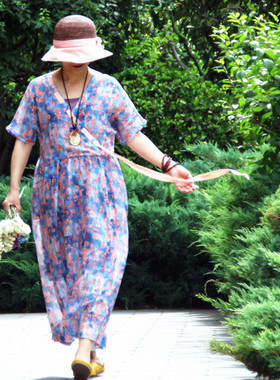 格格原创高端苎麻印花连衣裙文艺民族女装夏季优雅飘带长裙限量款