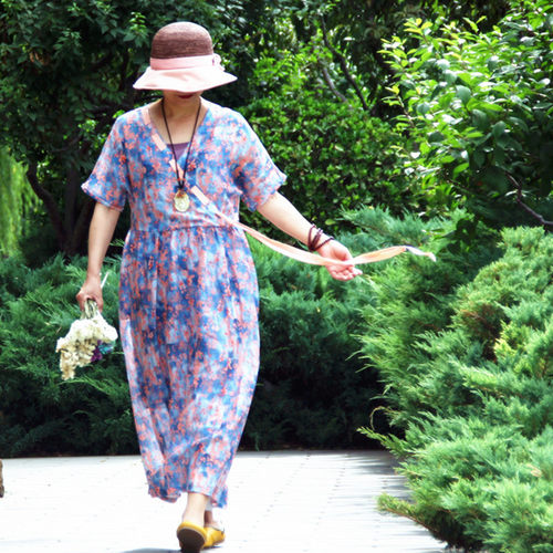 夏季文艺苎麻印花飘带连衣裙