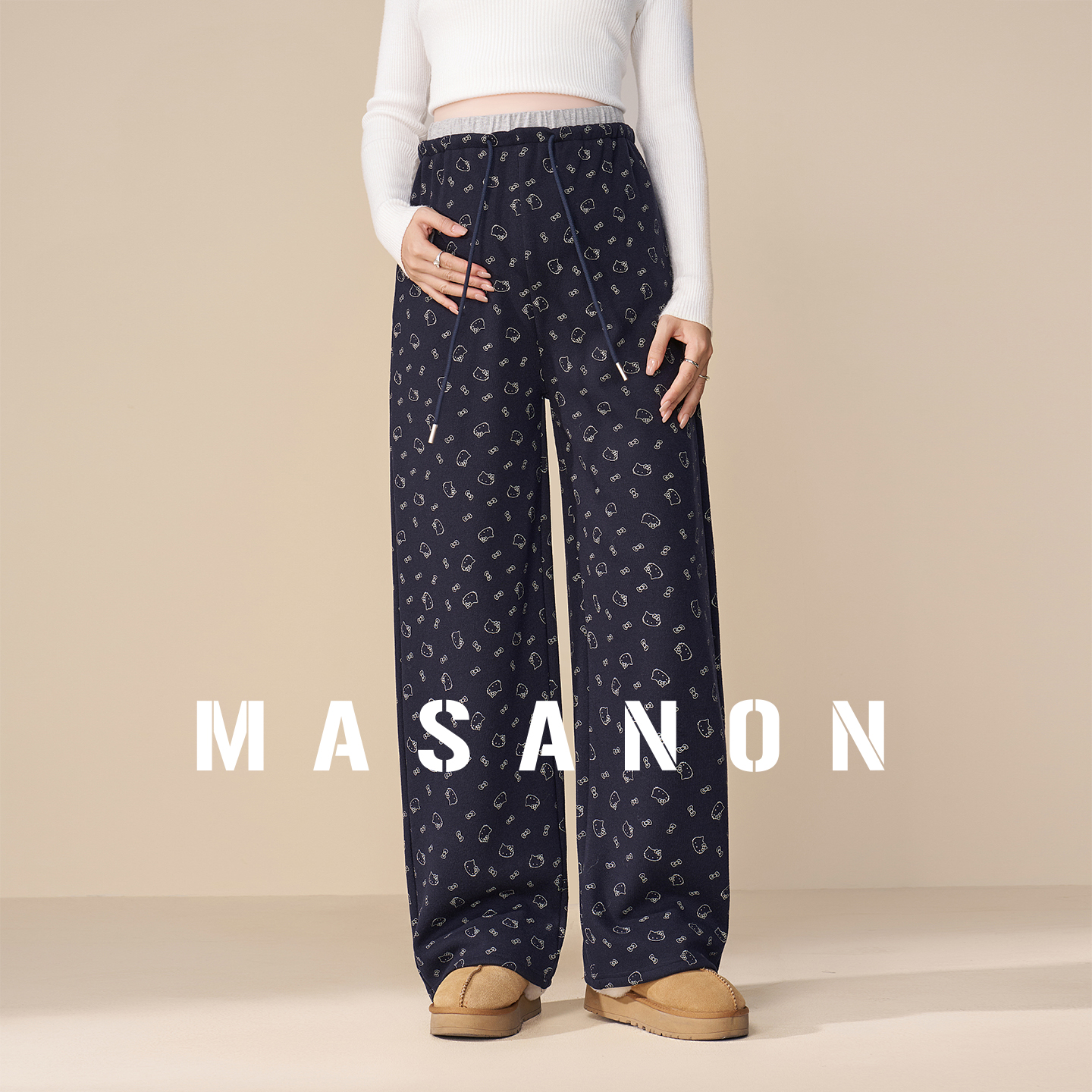 MASANON孕妇KT猫印花加绒阔腿裤