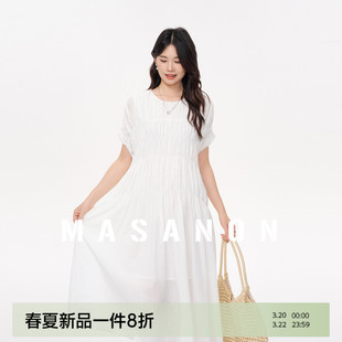 MASANON孕妇连衣裙夏装2026新款白色抽褶莱赛尔孕期漂亮法式长裙