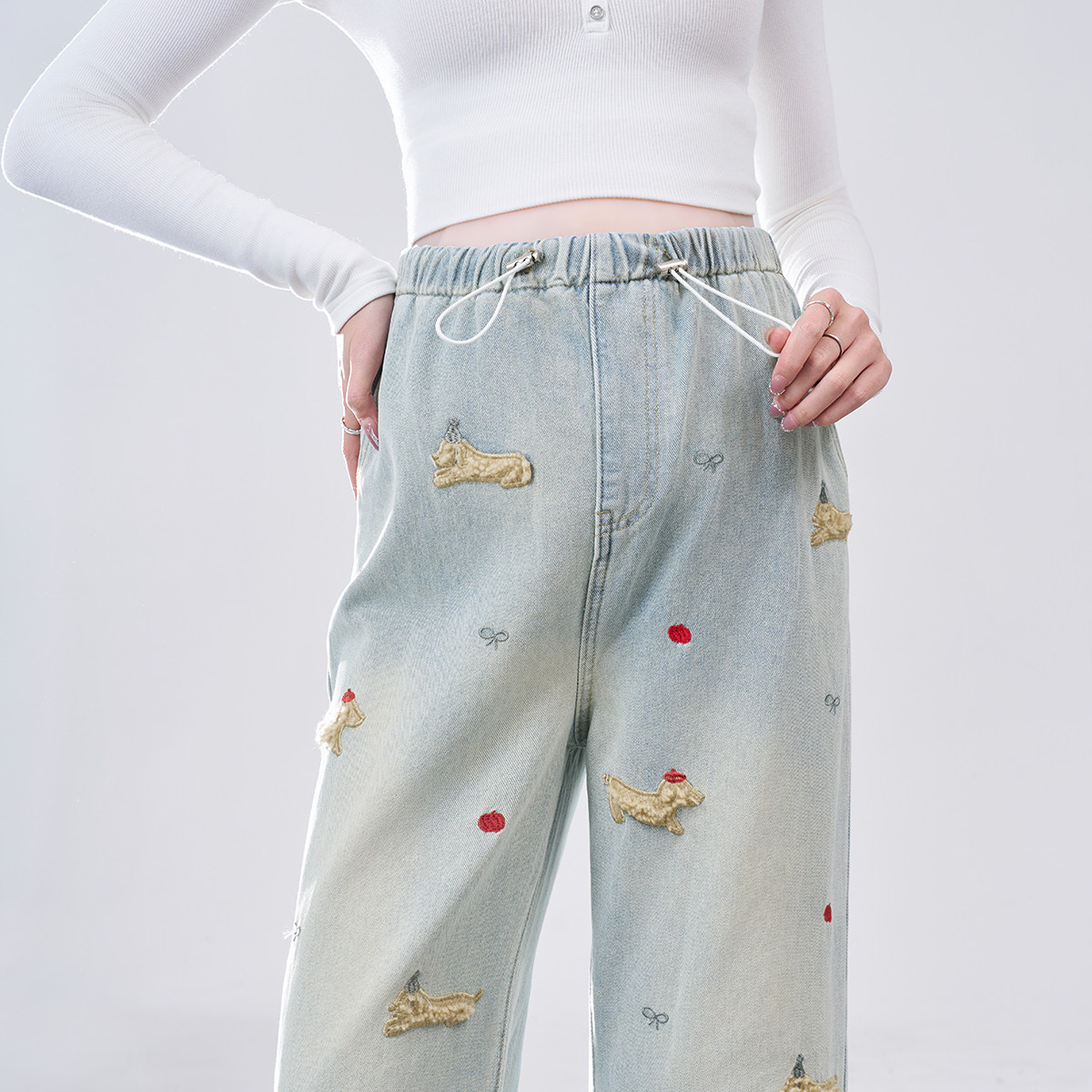MASANON孕妇腊肠狗刺绣牛仔裤冬