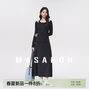 MASANON孕妇装春新款假两件高级气质连衣裙孕期洋气莱赛尔小黑裙