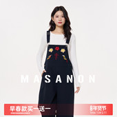 春季 外穿小个子牛仔裤 不勒肚子刺绣阔腿裤 MASANON孕妇背带裤 春装