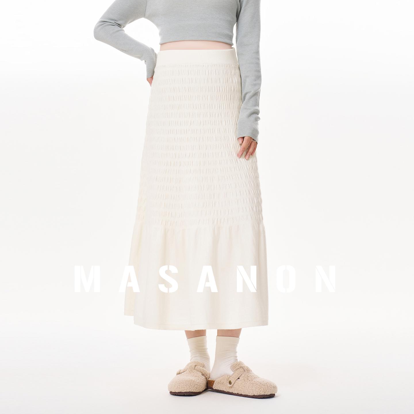 MASANON孕妇白色压褶针织半身裙