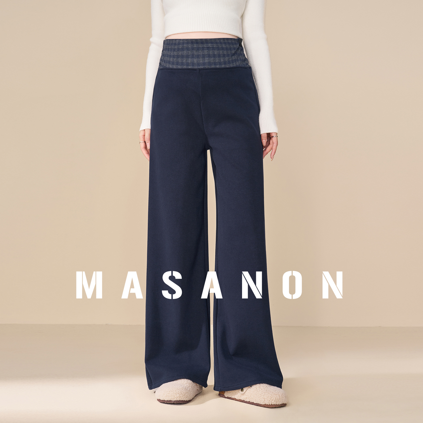 MASANON孕妇格子拼接加绒阔腿裤