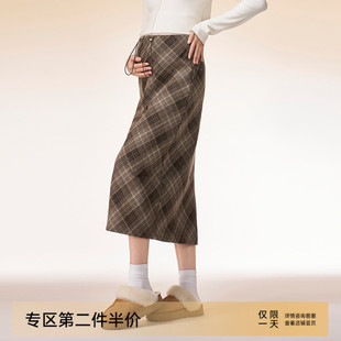 冬装 孕妇半身裙秋冬季 加绒加厚无托腹高腰格子包臀开叉直筒裙长款