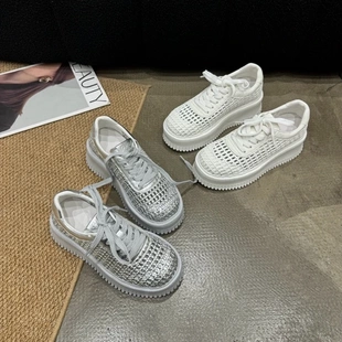 轻盈透气网红同款 991 女真皮厚底系带编织休闲鞋 新品 5cm潮 272夏季