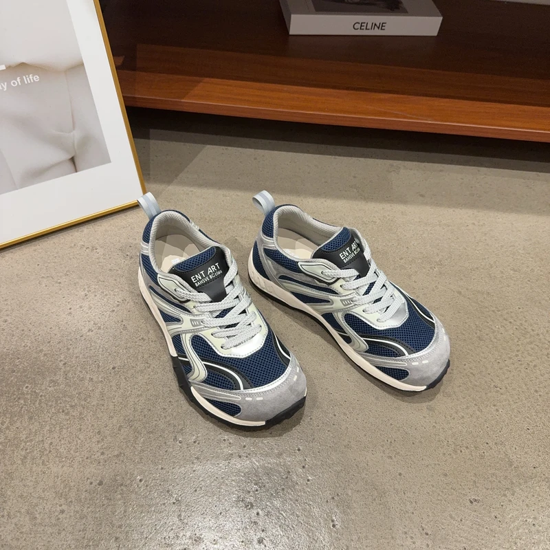 6628-2秋季新品女真皮拼接网面内增高圆头德训板鞋系带休闲鞋舒适