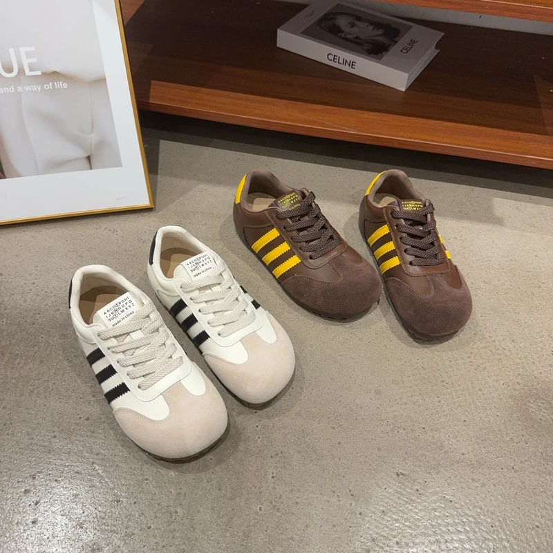 720-3真皮大头丑萌德训鞋女阿甘鞋三道杠内增高休闲运动板鞋