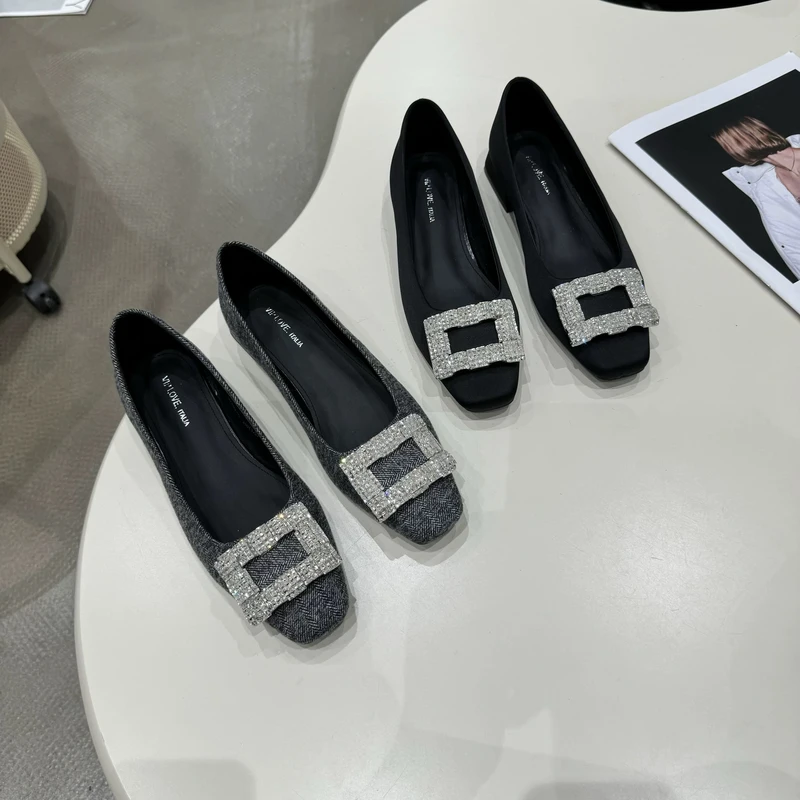 7768-10平底洋气水钻方扣单鞋25新款春季法式尖头气质仙女晚晚鞋