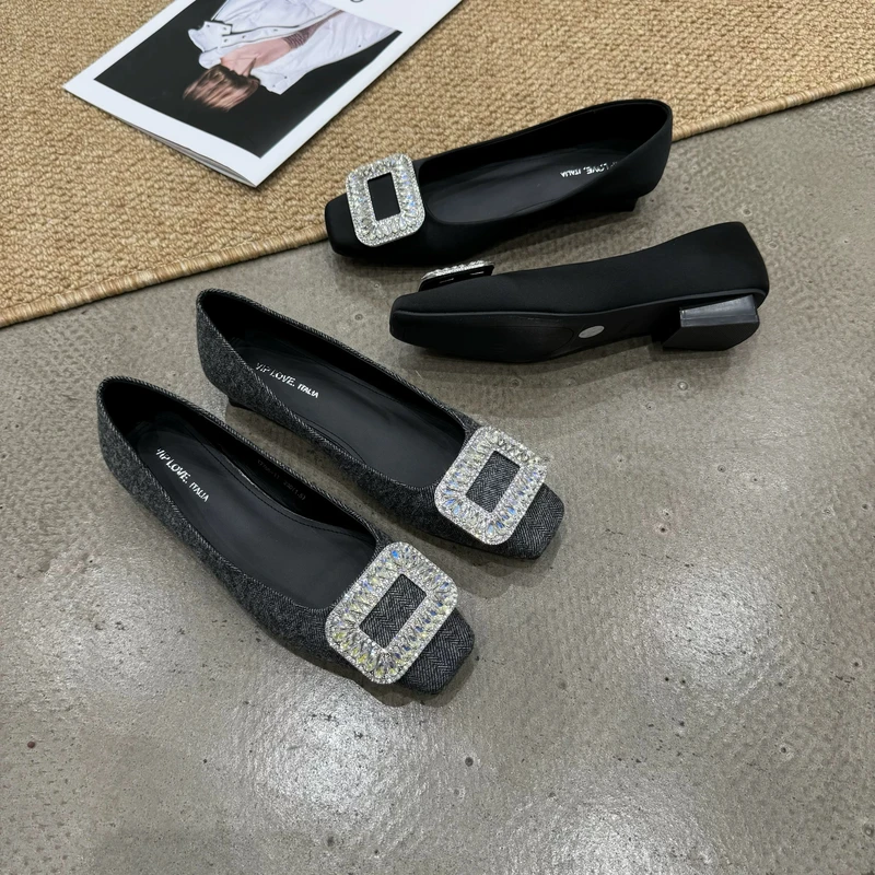 7768-11新款水钻方头浅口软底时尚百搭气质单鞋女鞋平底鞋