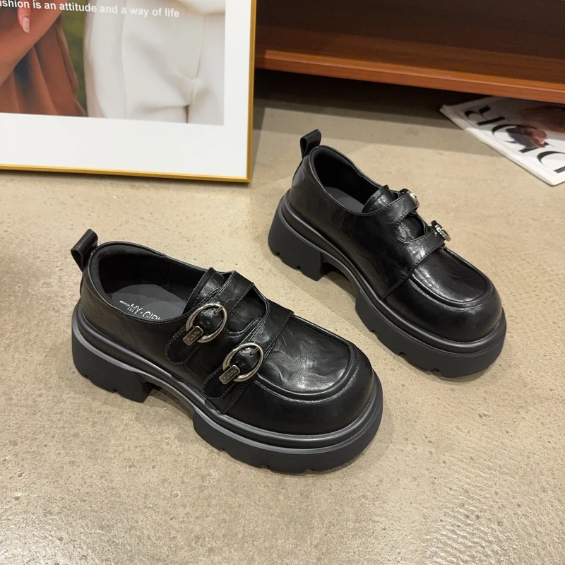 68019秋季新品女真皮圆头厚底乐福鞋双魔术贴休闲鞋英伦风小皮鞋