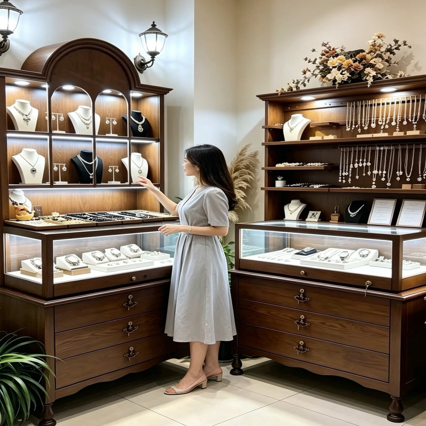 复古多层板实木珠宝展柜古玩玉器多层陈列柜首饰品多抽屉中岛柜台