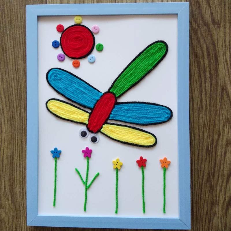 益智儿童手工 diy创意材料包毛线纽扣画趣味亲子手工贴画大蜻蜓a4