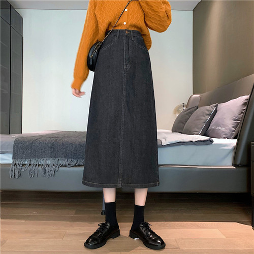 Real price retro Hong Kong flavor medium and long high waist skirt is thin, split hip denim skirt, female