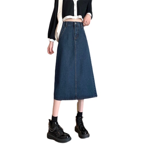 Real price Retro High Waist thin denim split skirt elastic waist skirt A-line skirt