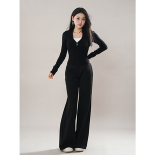 显瘦套装 T恤休闲高级感长裤 韩系慵懒风黑色v领吊带长袖 春夏新款