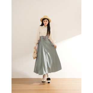 蝴蝶结收腰草木绿长裙套装 秘境丛林 复古优雅重工蕾丝生成色衬衫