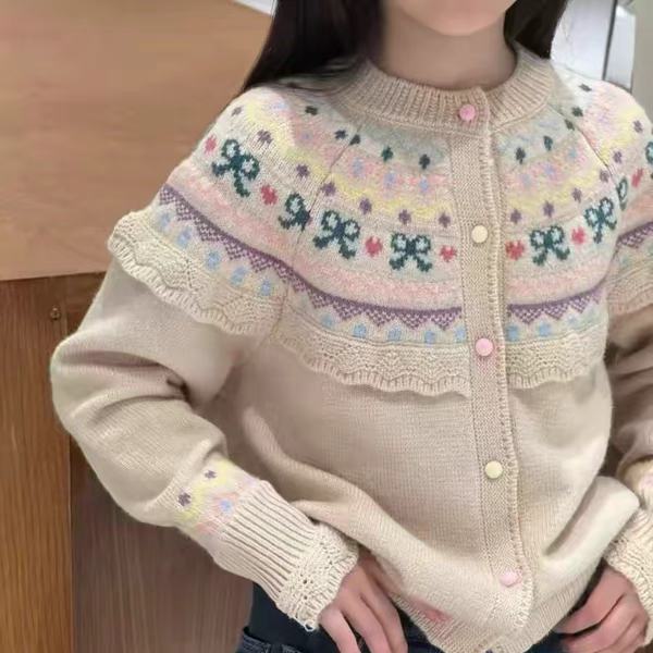 波拉女童秋季加厚蝴蝶结针织开衫