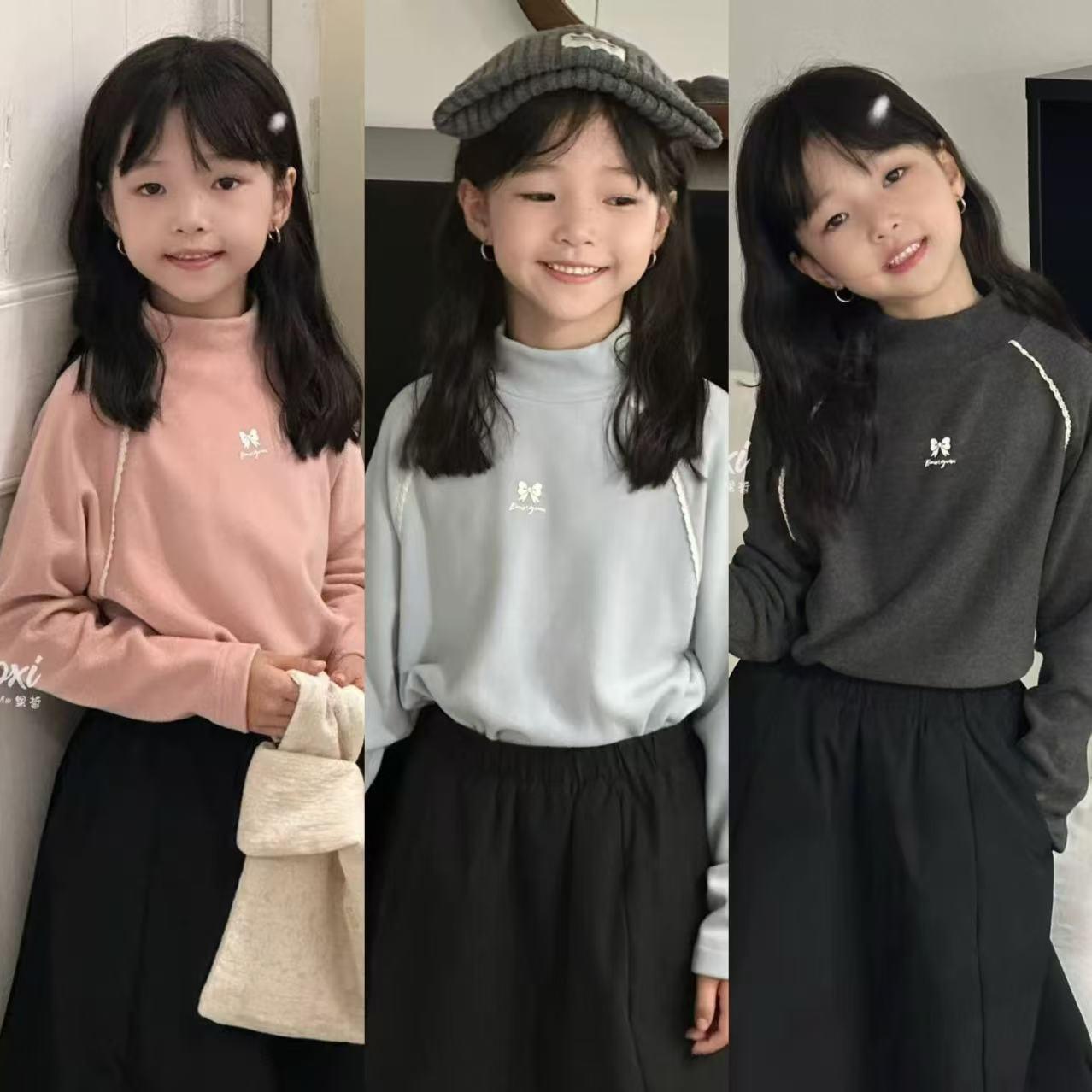 波拉韩国童装春秋款女童半高领发热打底衫儿童蝴蝶结长袖T恤衫